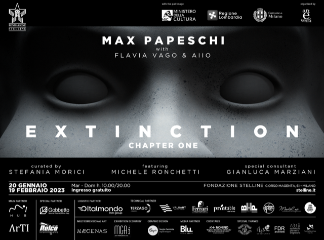 Le resine Gobbetto alla mostra-installazione “EXTINCTION | CHAPTER ONE” di Max Papeschi. Fondazione Stelline, Milano, dal 19 Gennaio al 19 Febbraio 2023.